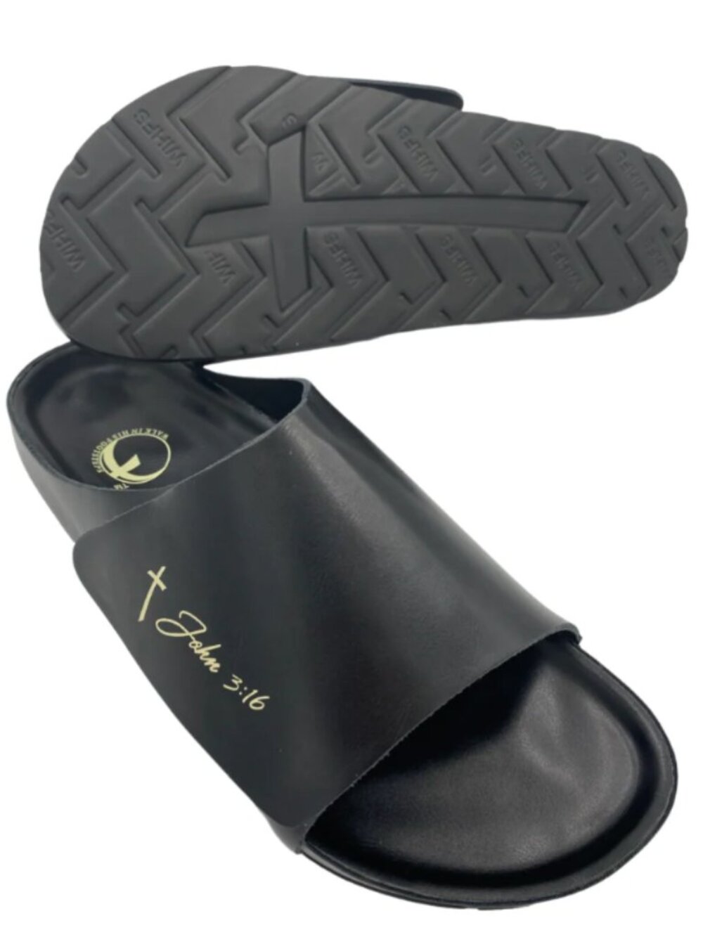Walk In His Footsteps Revival Slides Black Cross Sole Sandals Size 12 - Picture 2 of 14
